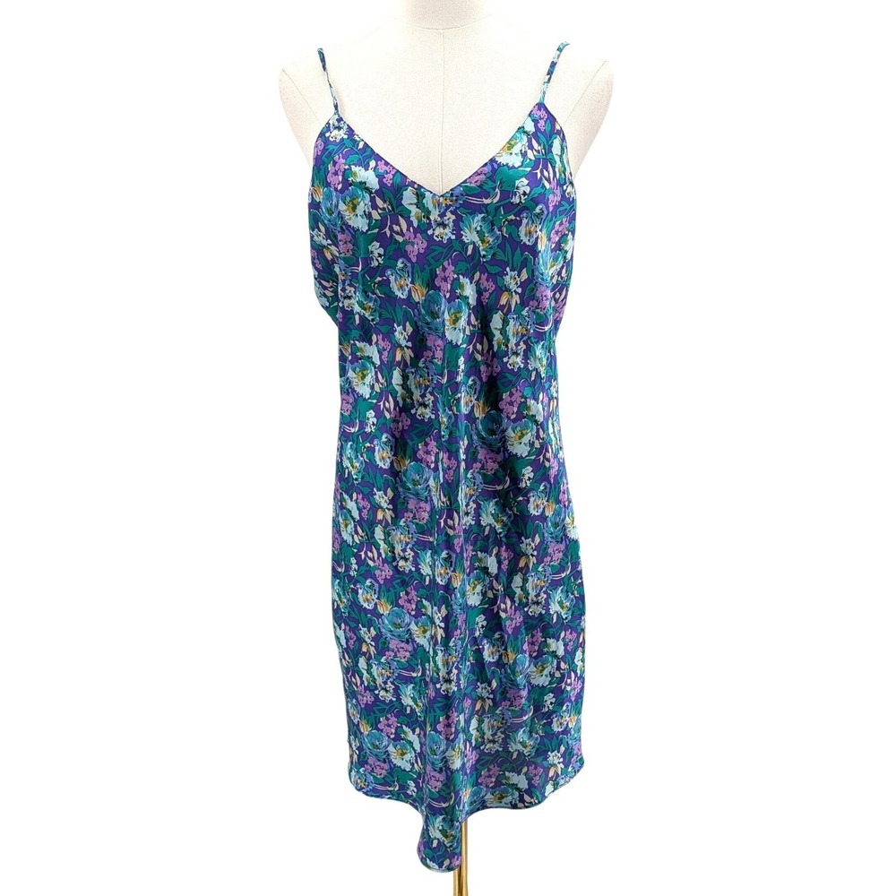 Vintage‎ Erika Taylor Satin Slip Dress Floral Purple Midi Lingerie Nightgown L